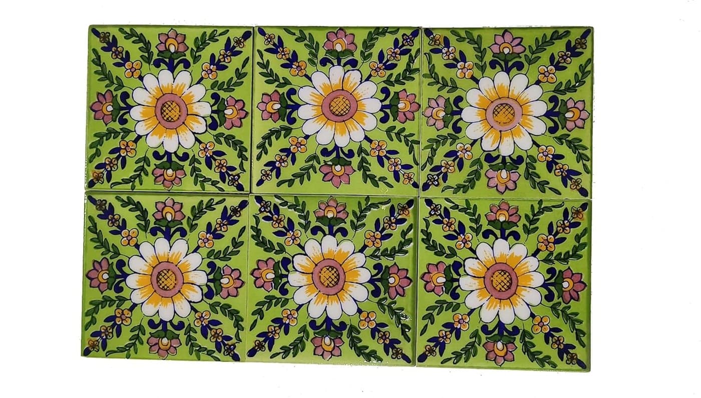 Shiv Kripa Blue Pottery Luxury Floral Decorative Crafted Tabletop Flooring Wall Interior Exterior Traditional 4 x 4 inch Tiles Pack of 6 Tiles