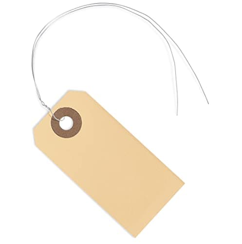 100 Manila Shipping Tags with Wire Attached #1-2 3/4” x 1 3/8” - Small Paper Hang Labels with Metal Ties and Reinforced Hole, Pre-Wired Tags to Tie On