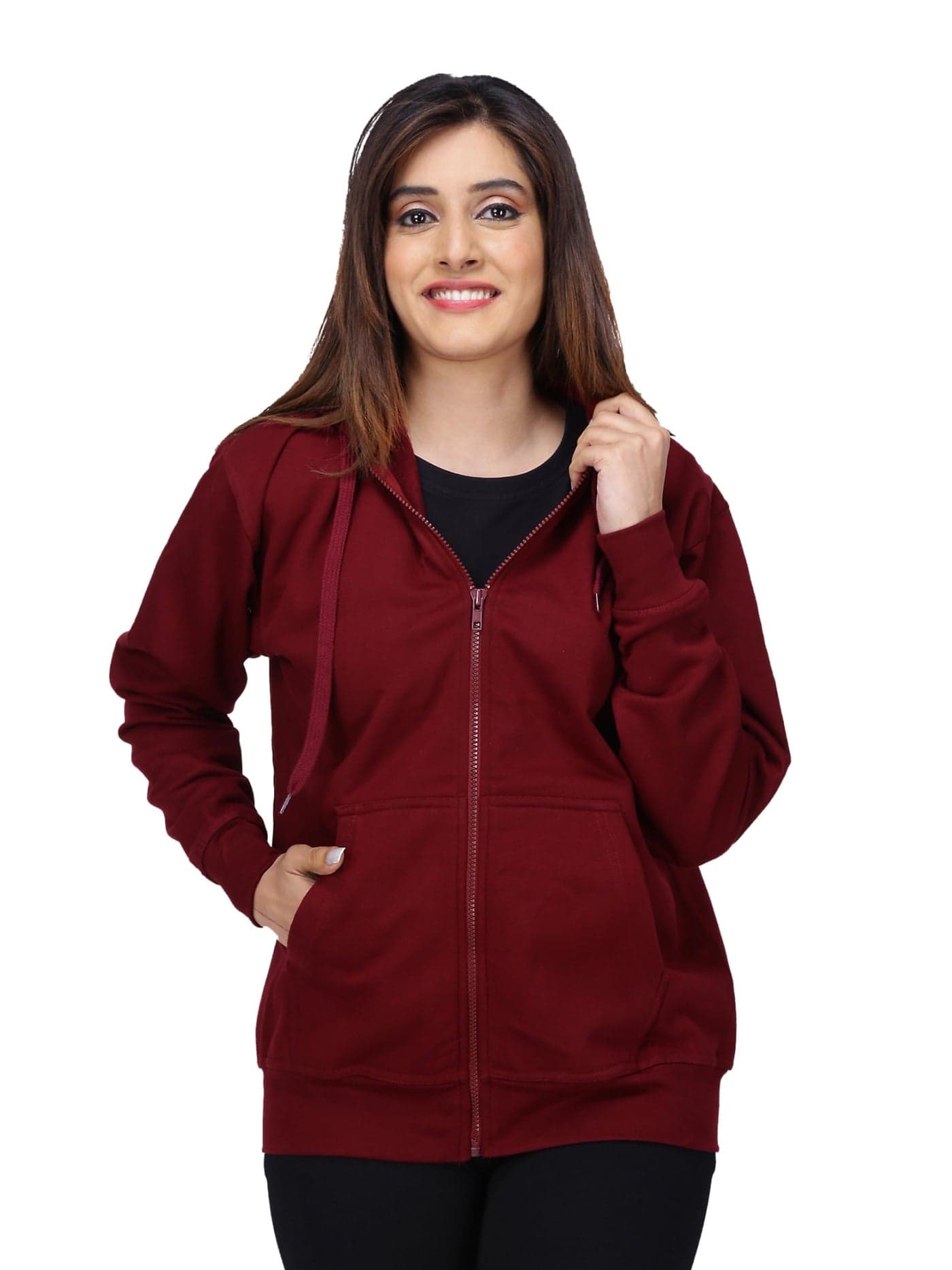 FALTU.CO Women's Solid Zipper Hooded Sweatshirt | Front Zip, Ribbed Hem, Lined Hood, Casual Winter Wear Jacket, Pure Cotton Hoodies Soft, Lightweight, Warm & Stylish Kangaroo Pocket Maroon