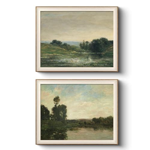VIYYIEA Framed Vintage Landscape Wall Art Set of 2 Classical Nature Scene Canvas Painting Print Rustic Home Decor for Living Room and Bedroom 16x20 Inch