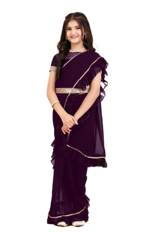 Xavima Kids Solid/Plain Georgette Belt Ready to Wear Saree With Unstitched Blouse Piece- Purple_Size : 8-9 Y