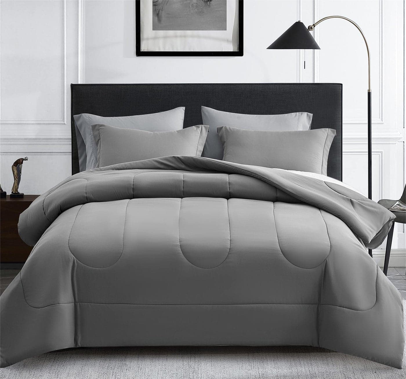 MapleStone Queen Size Comforter Set 7 Pieces Bed in a Bag Down Alternative Bed Set with Sheets Pillowcases Shams Soft Reversible Duvet Insert for Queen Bed Dark Grey Light Grey