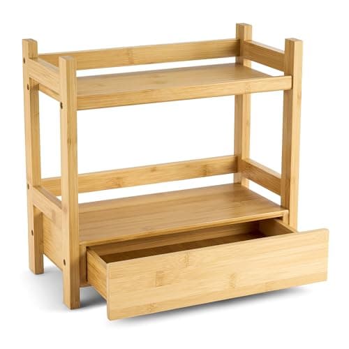 Sorbus Bamboo Bathroom Counter Organizer 2Tier Shelf with Hidden Drawer for Vanity Matcha Station Bathroom Sink Organizer Countertop Kitchen Office Storage 13Lx65Wx126H