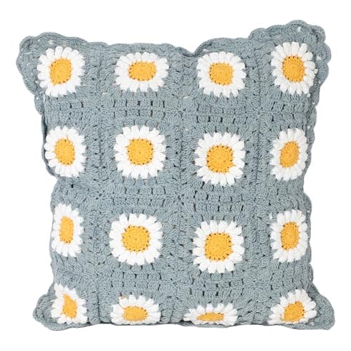 Kaahira Floral Crochet Cotton Cushion Cover 16 x 16 inch, Hand-Knitted Boho Decor Throw Pillow Case for Sofa Bed Living Room, Bedroom - Unique for Gifting - Grey, 1 Pcs