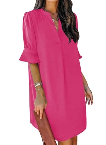 QACOHU Summer Dresses for Women 2025 Breathable V-Neck Ruffle Short Sleeve Wedding Guest Midi Dress Rose Pink XXL