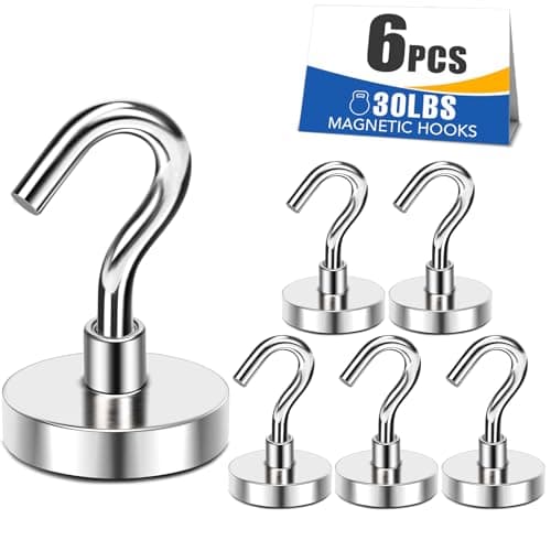 MIKEDE Magnetic Hooks Heavy Duty, 25Lbs Strong Rare Earth Neodymium Magnets With Hooks For Hanging, Magnetic Hanger Strong Cruise Hooks For Kitchen, Home, Workplace, Office&Garage, Pack Of 6, Silver