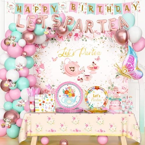 Fiesec Tea Party Decorations Lets Par Tea Supplies with Teapot Floral Backdrop Balloon Banner Tablecloth Tableware Plates Napkins Cups Straws Knives Forks Spoons for Birthday Baby Shower