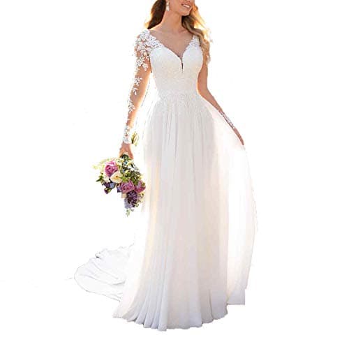 Findlovewedding Wedding Dresses for Bride with Lace Appliques Chiffon A Line Women Dress Long Sleeves Beach Bride Dress US 10 Off-White