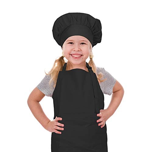 CRJHNS Kids Apron and Chef Hat Set, Adjustable Cotton Child Aprons with Large Pocket Black Girls Boys Kitchen Bib Aprons for Cooking Baking Painting