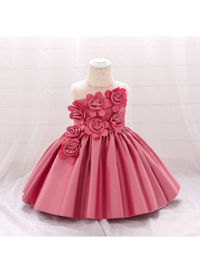 2025 New Baby's First Birthday Dress - 3D Floral Satin Children's Princess Tulle Dress