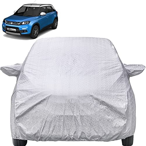 Autofact Waterproof Car Body Cover Compatible with Maruti Brezza 2022 with Mirror Pockets (Shinning Silver)
