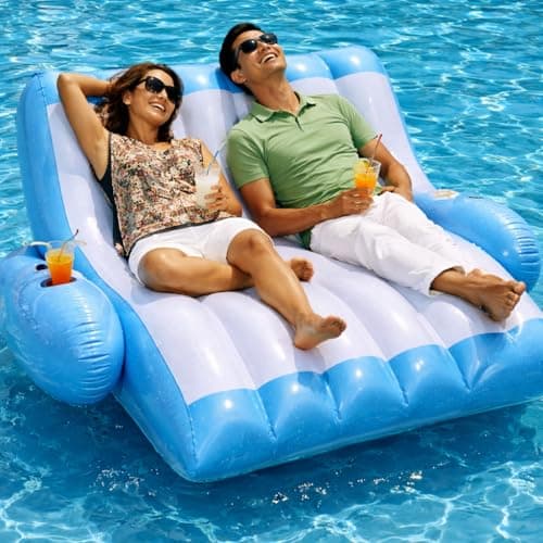 4Es Novelty Two Person Inflatable Pool Recliner Adult Pool Lounger Float with Cup Holder Heavy Duty Lounger for Adults Floating Recliner Blow Up Floaties Water Floaty Lake Beach Tanning Float