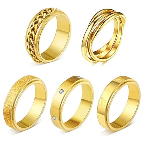 MOROYA 5PCS 18K Gold Plated Fidget Rings for Anxiety Stainless Steel Butterfly Chain CZ Inlaid Spinner Rings for Women Men Anti Anxiety Ring Band Set