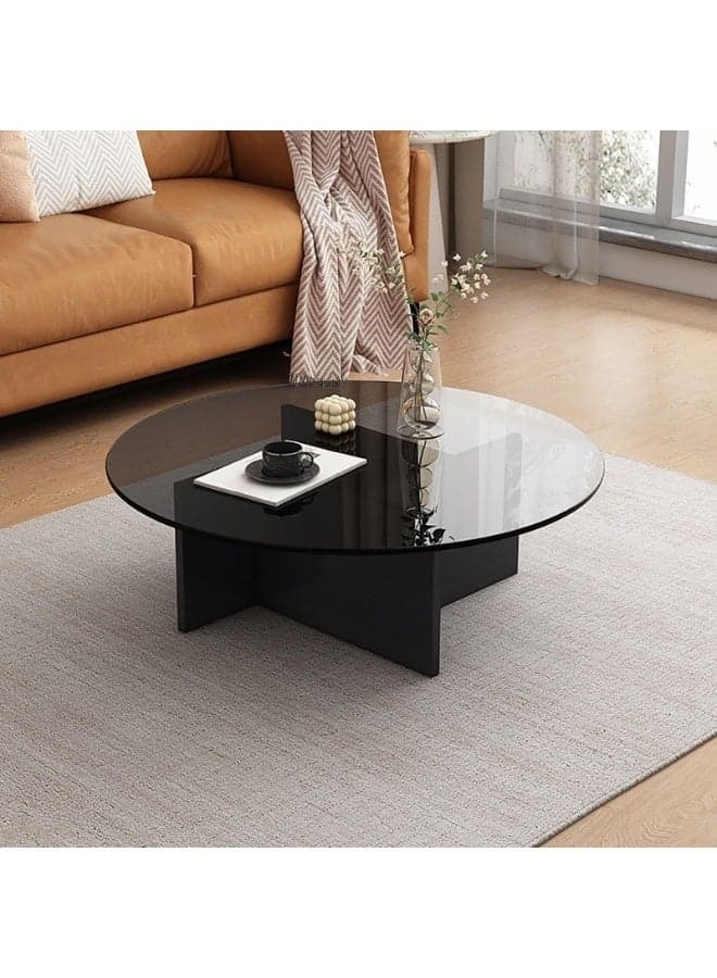 Round Coffee Table Modern Glass Coffee Table for Living Room Contemporary Coffee Table Walnut Center Table with Solid Wood Legs Circle Vintage Coffee Table Cocktail Tables for Small Space 70cm
