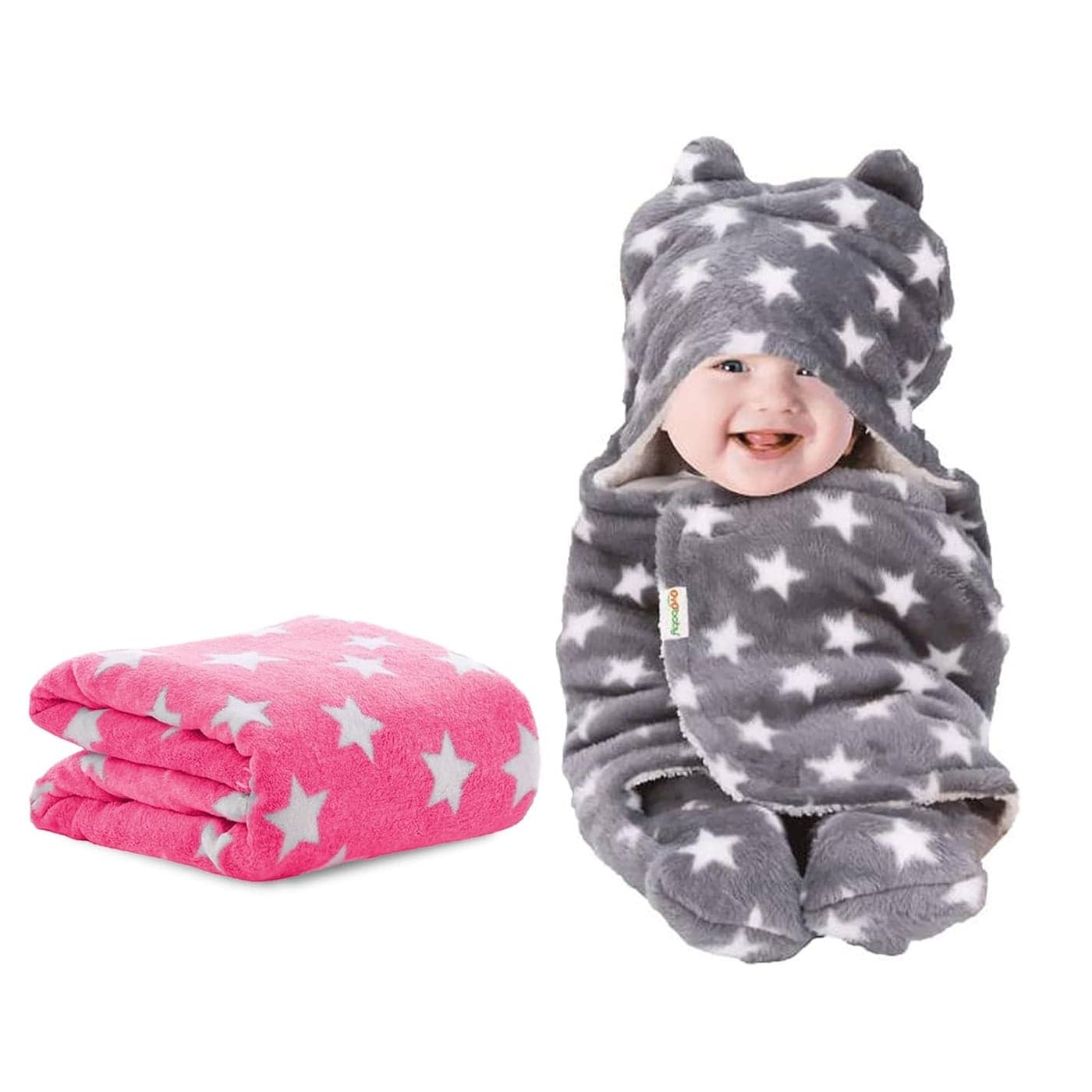 OYO BABY Baby Blanket New Born Babies Super Soft Baby Combo Wrapper Baby Sleeping Bag for Baby Boys Baby Girls All Season Sleeping Bag Nursing Baby GiftsPink Grey Star Printed