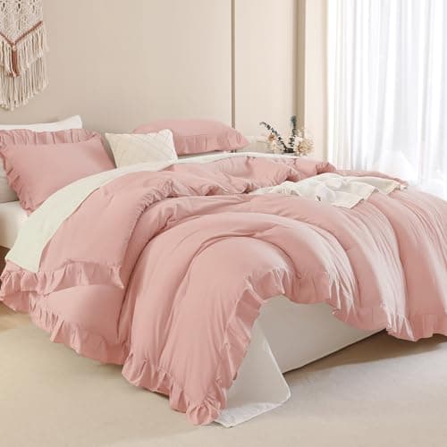 Andency Blush Pink Ruffle Comforter King 3 Pieces All Season Farmhouse Shabby Chic Comforter Vintage Rustic Soft Microfiber Down Alternative Bedding Comforter Set