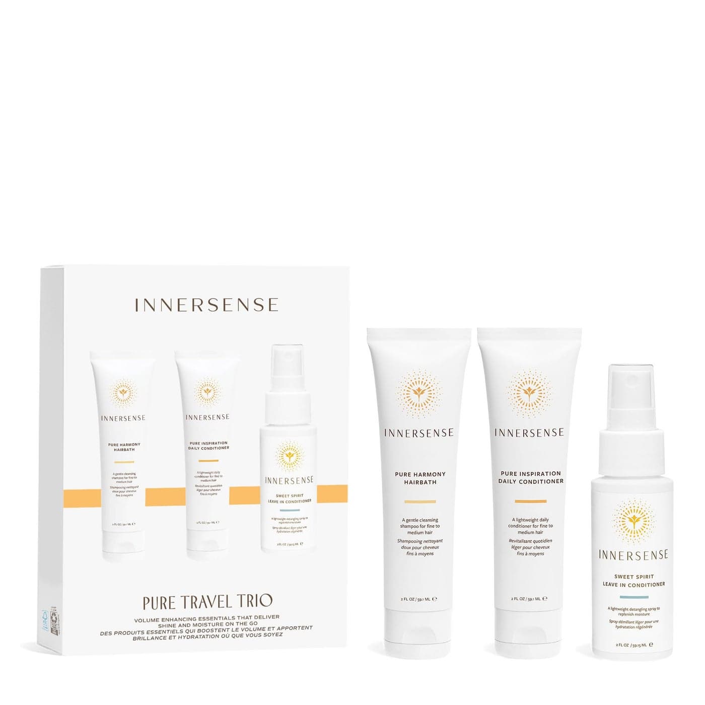 Innersense Organic Beauty Pure Harmony Travel Hair Trio NonToxic CrueltyFree Clean Haircare Pure Harmony Hairbath Conditioner Sweet Spirit LeaveIn Conditioner PACKAGING MAY VARY