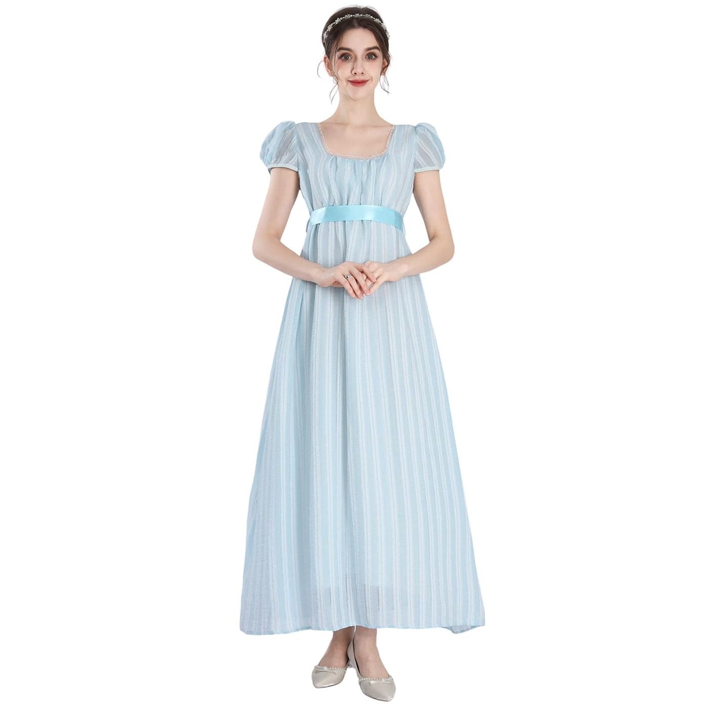 CR ROLECOS Regency Dresses for Women Puff Sleeves Empire Waist Regency Dress Victorian Daphne Tea Party Gown Azure Blue M