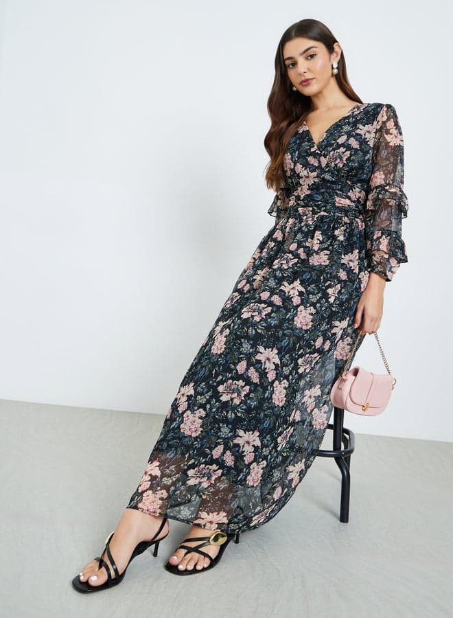 Women Floral Maxi Dress with Long Sleeves — M