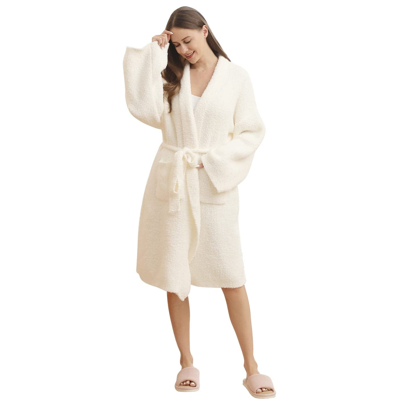 bearberry Hoodless Robe Cozy Leopard Robe Lightweight Soft Plush Bathrobe with Pockets for Women Creamhoodless