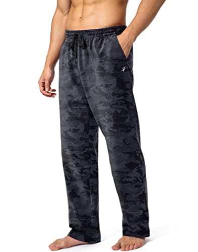 Pudolla Men's Cotton Yoga Sweatpants Athletic Lounge Pants Open Bottom Casual Jersey Pants for Men with Pockets (Camo Black XX-Large)