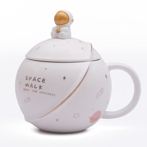 STORE 2508 Coffee Mug Mugs for Gift Birthday Gift Cups Ceramic Mug Valentine Gift for Boyfriend Best Friend Mug with Lid & Spoon 3D Creative Space and Astronaut Planet Coffee Mug 400ml (White)
