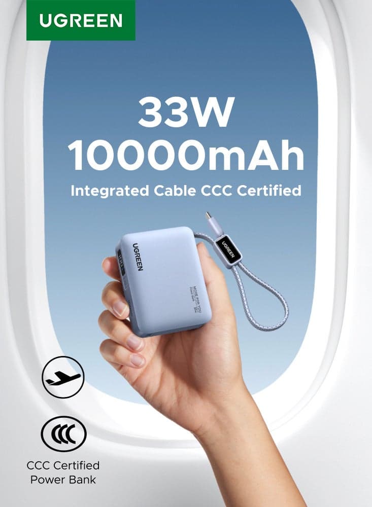 10000mAh 33W Mini Pocket size CCC Power Bank with Braided Built-in USB-C Cable | Supports PD3.0/QC3.0 | Small size Portable Fast Charger Compatible with iPhone 17-8 Series, Samsung S26, Huawei Mate60/P70, Xiaomi 14, iPad Pro/Air, AirPods Pro, Galaxy Buds Pro & More 10000 33W Mini Braided C cable