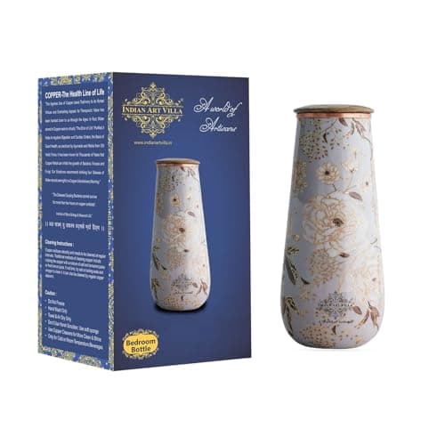 Indian Art Villa Copper Gold Printed Bottle with Wooden Lid – 1300 ML, Elegant Floral Design Copper Water Bottle for Daily Use, Home Décor, and Gifting