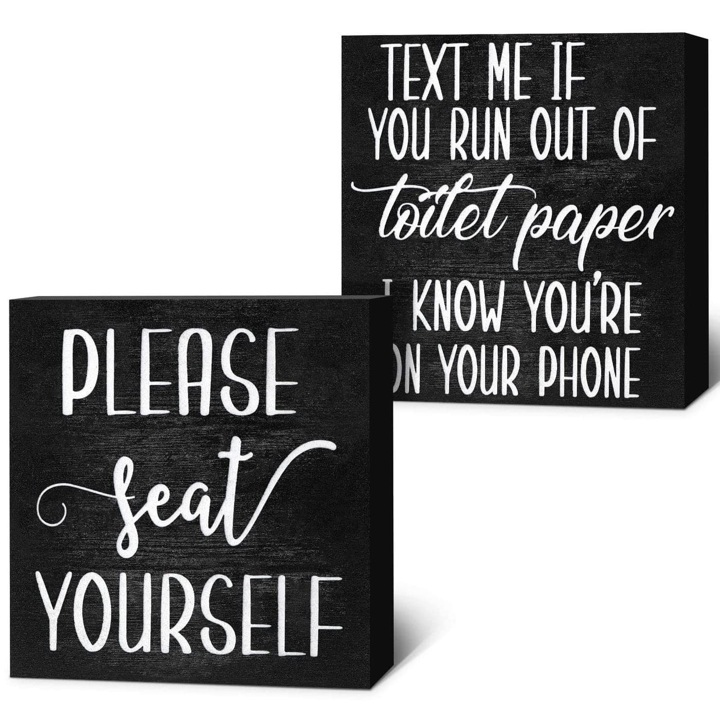 Jetec 2 Pieces Farmhouse Bathroom Signs Decor Wooden Box Sign Funny Bathroom Wall Art Rustic Wood Plaque Please Seat Yourself Decor for Home RestroomBlack