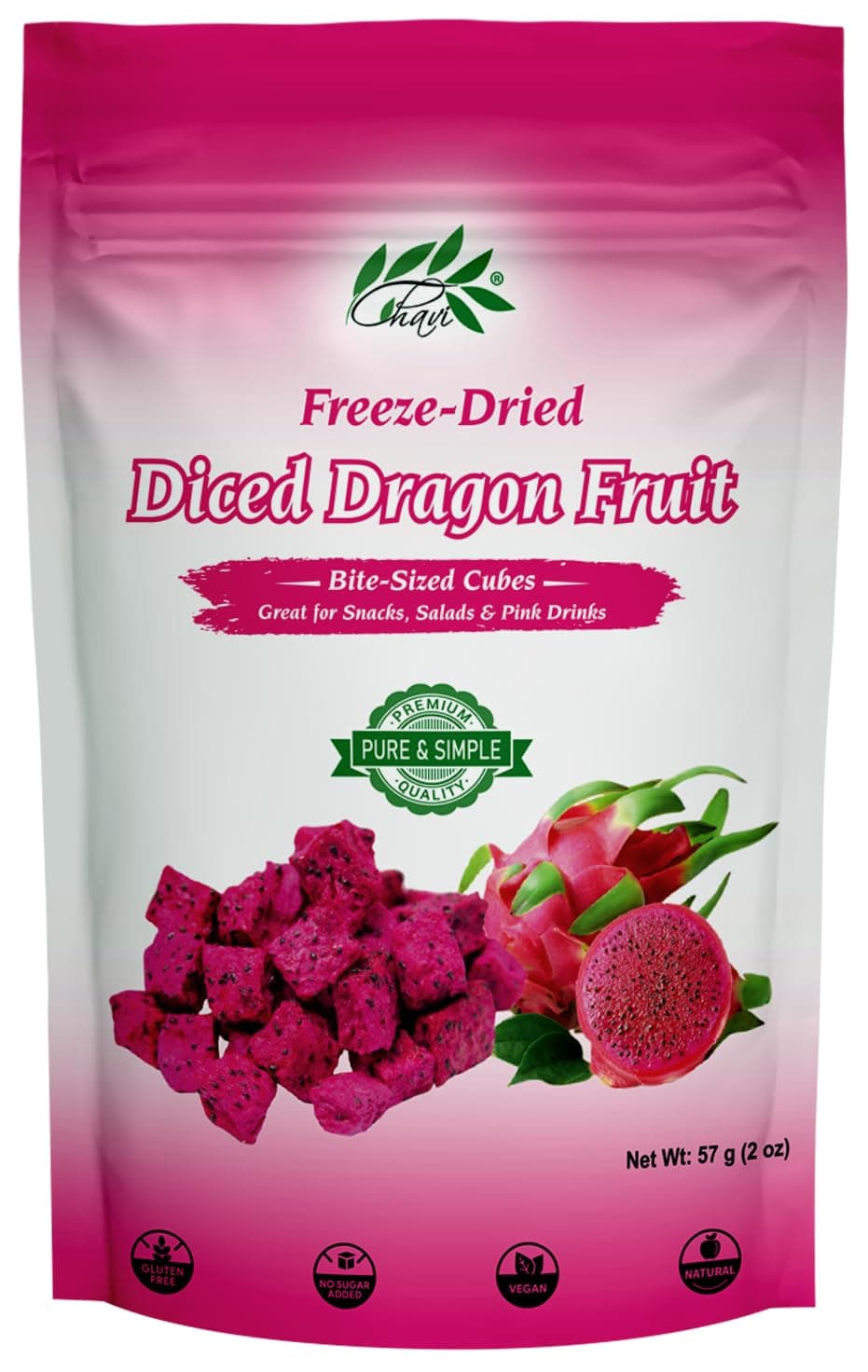 CHAVI Freeze-Dried Diced Dragon Fruit Snack - 2 Oz - Healthy 1 Ingredient Superfood - No Added Sugars or Preservatives - Non-GMO, Vegan, Gluten-Free…