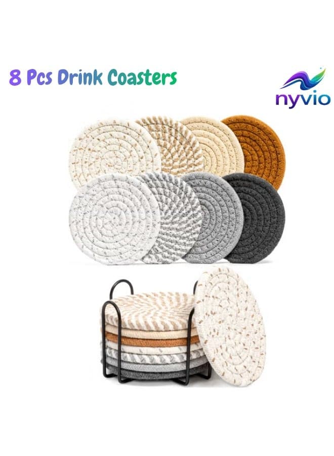 8 Pcs Drink Coasters with Holder, 8 Colors Absorbent Coasters for Drinks Minimalist Cup Coasters Cotton Coaster Set Woven Coasters for Coffee Table Home Decor Bar Housewarming Gift, 4.3 Inch