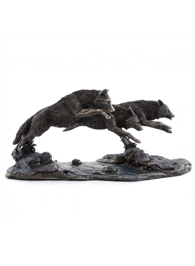 Top Collection Grey Wolves on The Run Replica Statue- Wolf Sculpture Designed by Jody Bergsma in Premium Cold Cast Bronze - 14-Inch Long Collectible Canine Dog Wild Life Animal Figurine