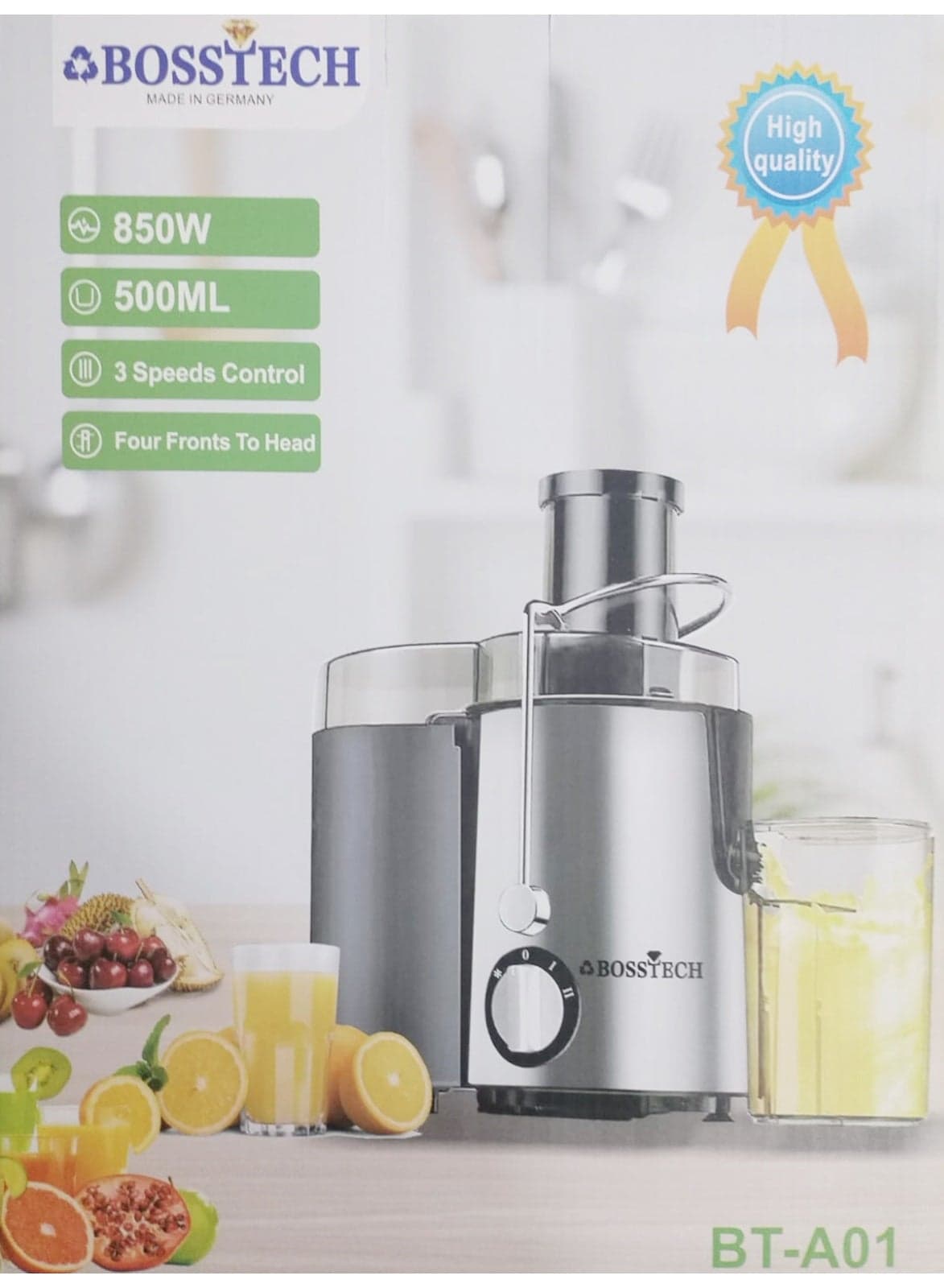 BOSSTECH BT-A01 High Quality Juicer Extractor with Durable Stainless Steel Blade System, 850W High Efficiency Motor, 500ML Juice Cup, Three Speed Modes and Compact Modern Design for Healthy Lifestyle Preparation