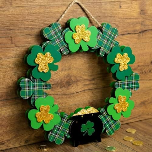 Yookeer St. Patrick's Day Door Decoration Shamrock Wreath for Front Door 3D Shamrock Gold Coin Jar Leprechaun Hat Wooden Hanging Sign Irish Green Clover Lucky Hanging Home Wall Decor(Cute Style)