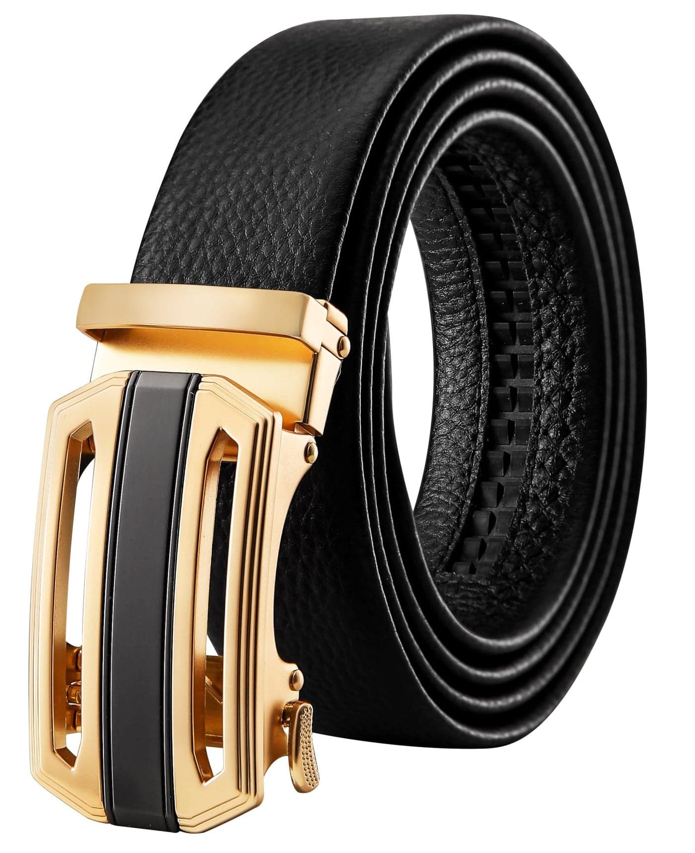 TUSHI Men's Leather Belts Formal Automatic Auto-lock Buckle – Stylish, Durable, No-hole Design, Fits Waist Sizes 26-44 Inches, Perfect For Casual & Formal Wear, Gift For Him (Black) (Black-Gold-2)
