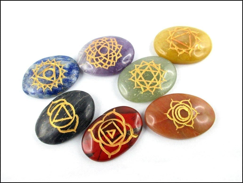Chakra Set - Jet 7 Chakra Oval Shaped Engraving Set Reiki Healing Chakra Balancing Spiritual Massage Meditation Palm Stone Gift Healer Set