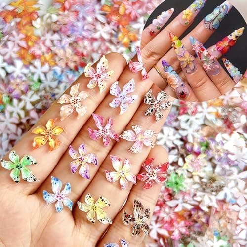 Flower Nail Art Charms SHUXILIN 60PCS 3D Hawaii Flowers Nail Rhinestones Hibiscus Floral Nail Gems Colorful Flower Nail Diamonds Summer Nail Jewelry Tiny Flowers Nail Design for Women Nail Supplies