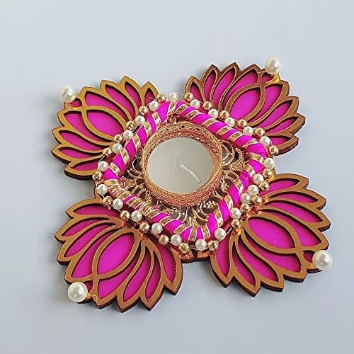 Gift Jaipur Diwali Decorative Pink Lotus Diya MDF Rangoli Handmade Tea Light Candle Holder Designer Diyas - for Home Temple Floor Rangoli Decoration Pooja Festival New Year durgapuja aarti