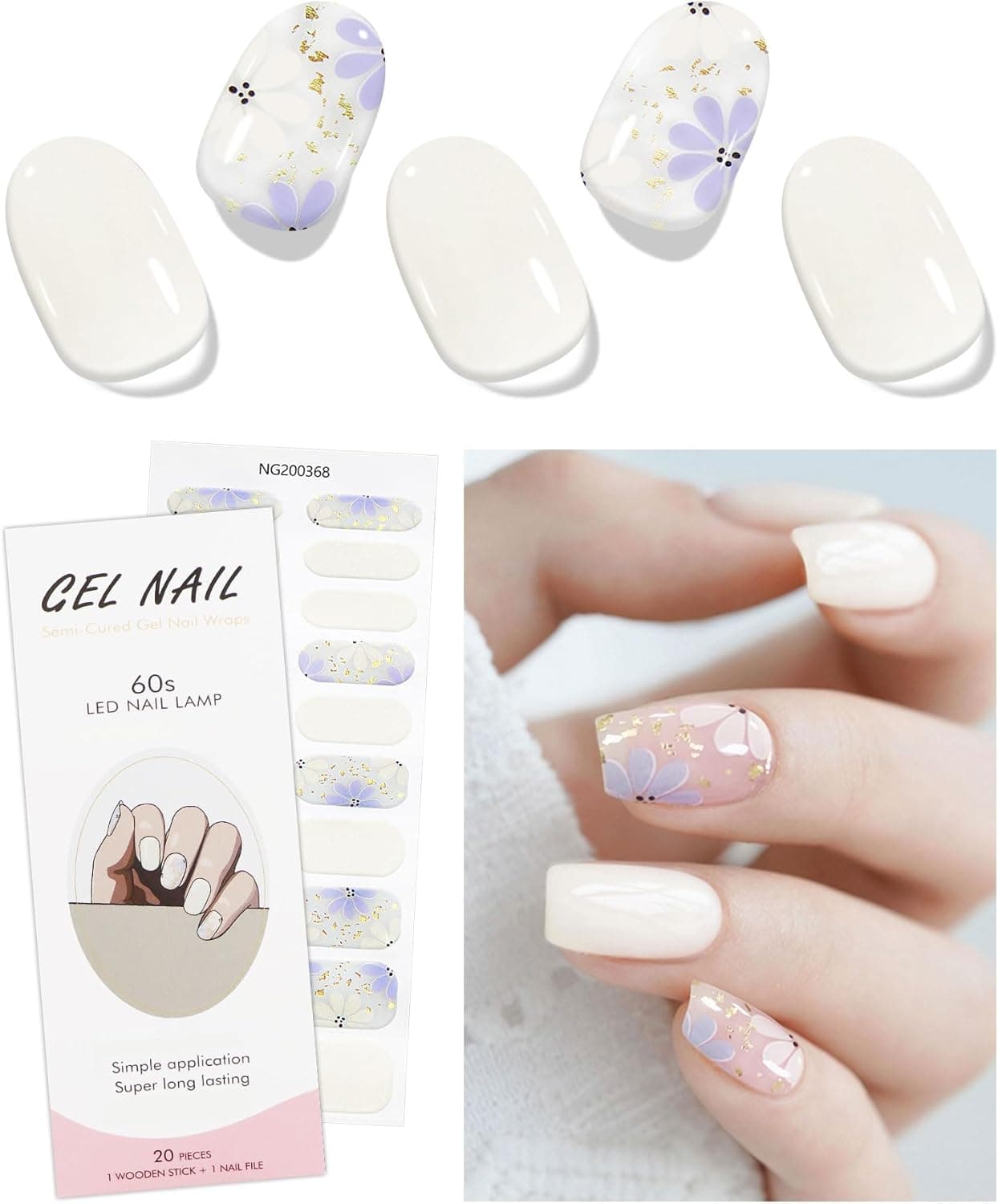 JMEOWIO Gel Nail Stickers Beige Purple Flower Gel Semi Cured Gel Nail Strips Wraps UVLED Nails Art Design Decoration Accessories