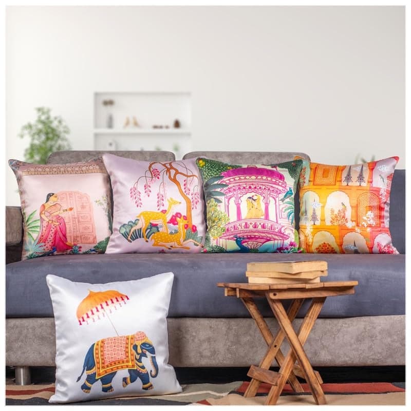 Vendola Satin 250TC Cushion Pillow Covers, Multicolor, Set of 5 (Harini, 16X16 Inches)