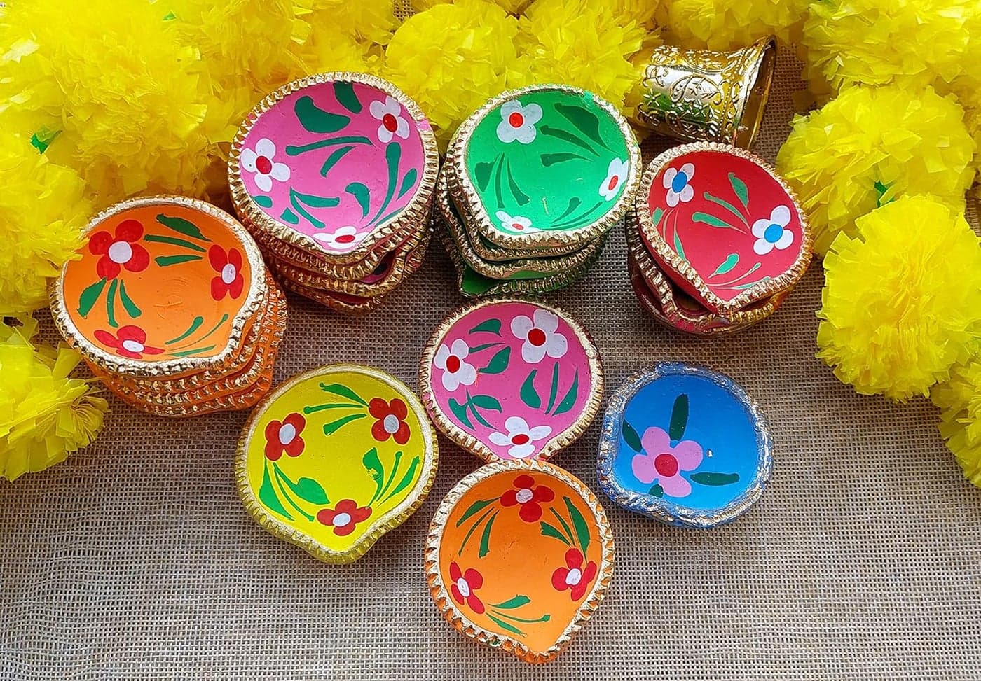 Forty Wings Set Of 11 Decorated Hand Painted Terracotta Handmade Traditional Clay Mitti Diya Oil Lamps Pooja Diya for Diwali Ganpati Navratry Pooja Diya for Diwali Decoration Diwali Lighting Diya 11