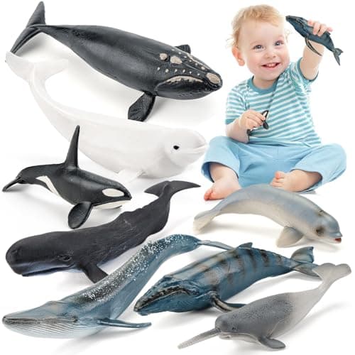 THINKBAY 8PCS Whale Figurines Toys for Toddlers Realistic Ocean Animals Figures Sea Creatures Toys for Kids Includes Beluga Orca Blue Whale Birthday Party Favors Gifts for Boy Girl