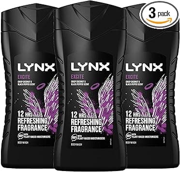 3 Pack of 225ml Lynx 12 Hour Refreshing Excite Crisp Coconut and Black Pepper Body wash for Feeling Clean and Fresh with Plantbased Moisturisers Keep Smelling Irresistible