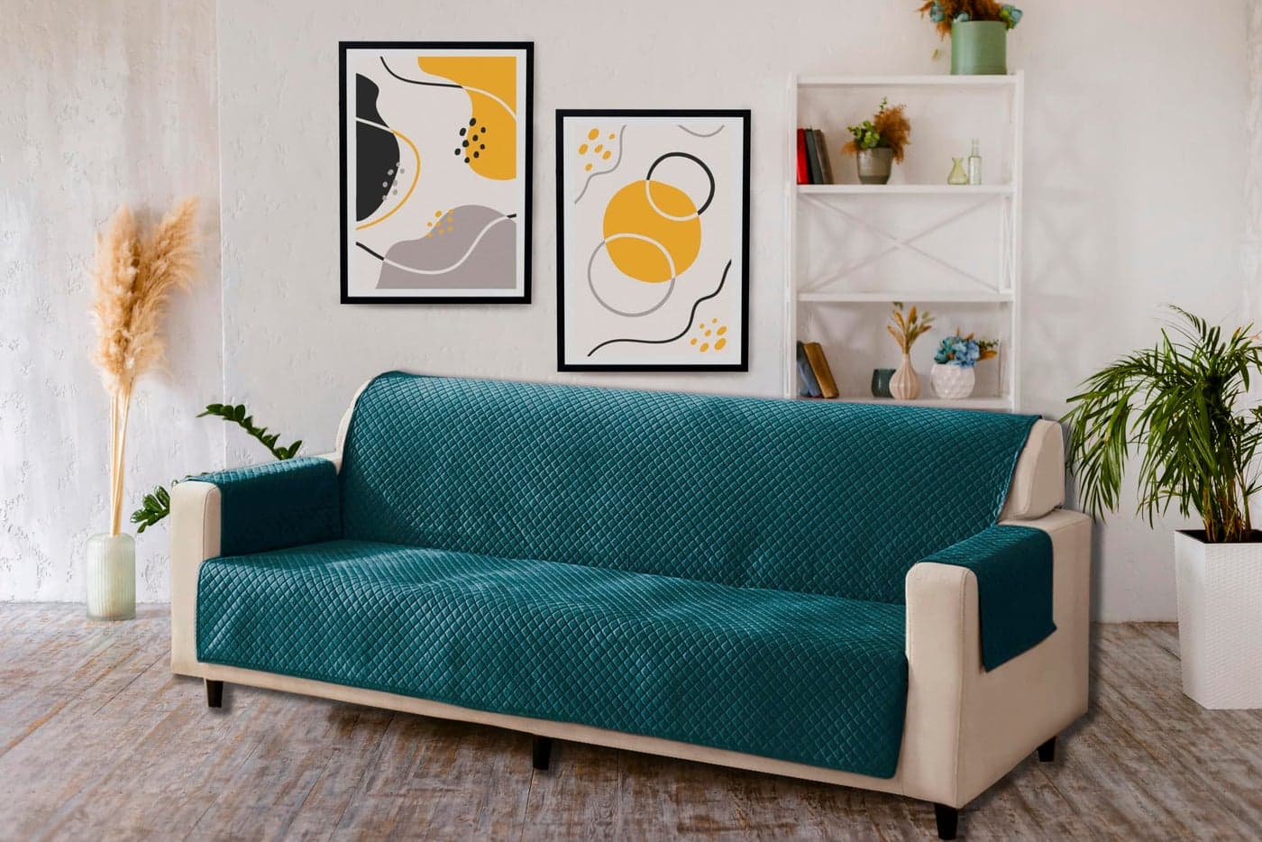 KINGLY Velvet Quilted Universal Elastic Sofa Cover Non-Slip Sofa Protector 2 Seater Armchair Cover with Machine Washable Adjustable Elastic Straps (2 Seater) (Green Blue)