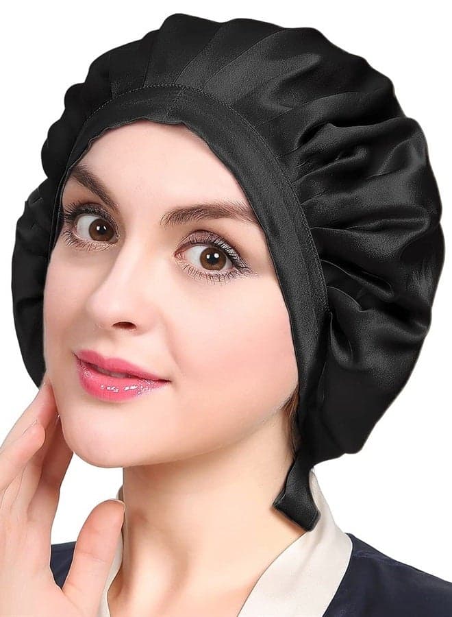 LILYSILK 100% Mulberry Silk Bonnet, 19 Momme Silk Night Sleep Cap Adjustable Hair Wrap for Sleeping, Black