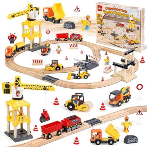 Lehoo Castle 68PCS Wooden Train Set Toy Train Set for Toddlers 24 Wooden Train Track for Kids wCrane Railway Playset for 3 Year Old Boys Girls Birthday Gift