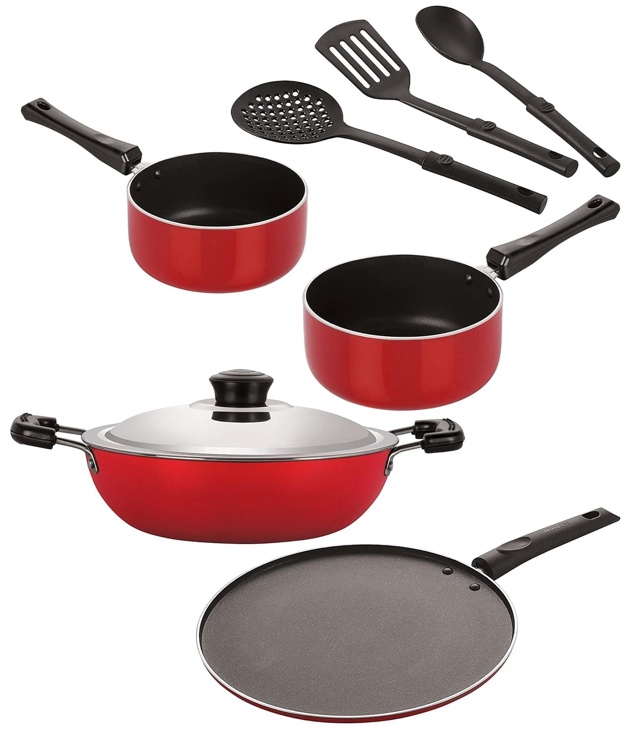 Nirlon Nonstick Coated Aluminium 7 Pcs Set of Deep Kadhai26cmSauce Pan18cmSauce Pan16cmSmart Tawa29cm 3 Spoon 26mm_DKDJ_SPB_SPM_ST12_3SPN