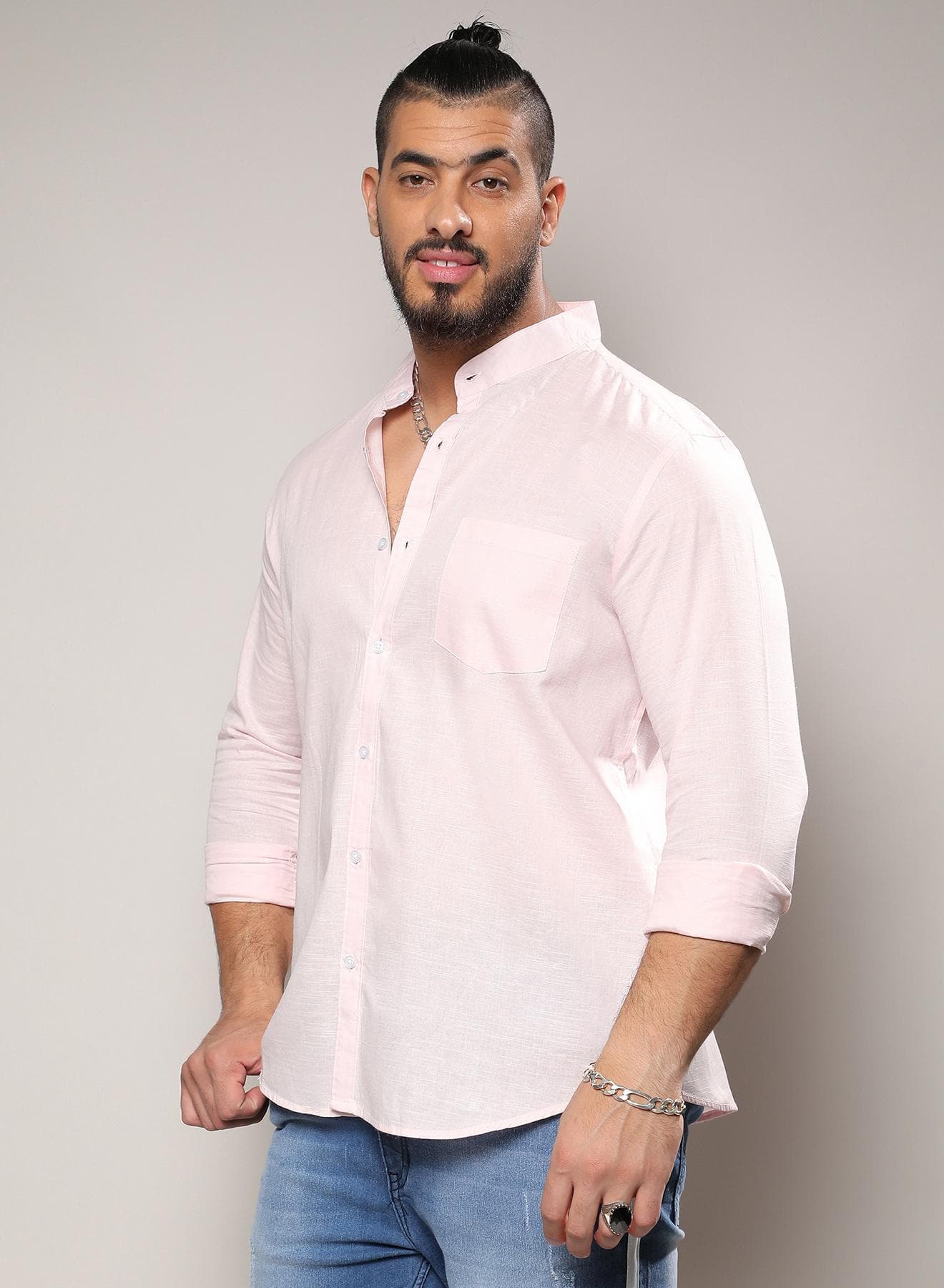 Men's Baby Pink Basic Button-Up Shirt For Casual Wear | Mandarin Collar | Long Sleeve | Button Closure | Shirt Crafted With Comfort Fit For Everyday Wear