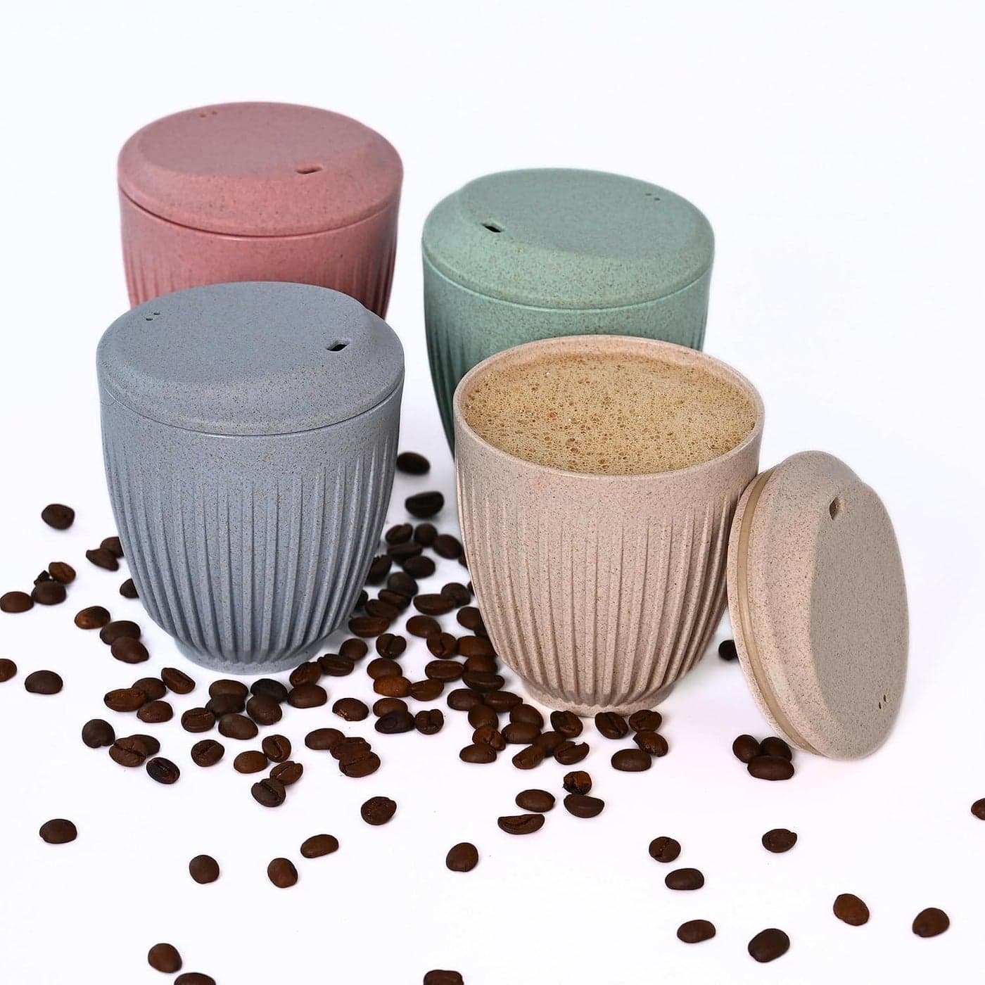 Eha Earth Friendly Retro Coffee Mug with Lid Tea Cup Set of 4 250 ml Made with Rice Husk Microwave Safe Mugs for Gifting Multi Light