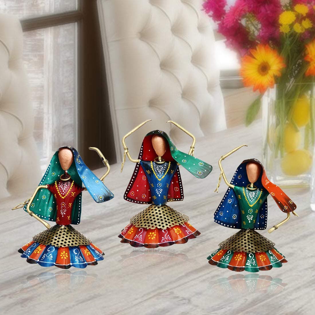 Handicrafts Paradise Iron Handmade Tribal Dancing Ladies Decorative Showpiece (Multicolour, 7 Inch) - Set of 3 Pc